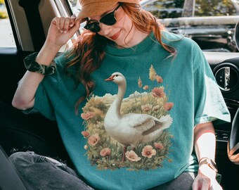 Goose T-Shirt: Vintage Floral Bird Art Print - Comfort Colors