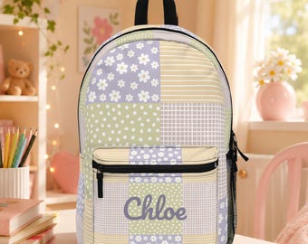 Daisy Patchwork Backpack, Custom Name Kids School Bag, Pastel Floral Backpack, Preschool Kindergarten Gift for Grandkid, Back to School Gift