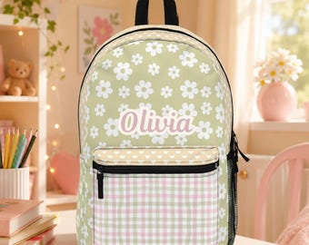 Personalized Kids Backpack Preppy Girl school Bag Custom Name Cottagecore Floral School Book Bag Daughter Back to School Gift for Grandkid