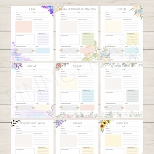 May include: Printable worksheet with floral illustrations and text boxes for journaling about women in the Bible. The names of the women are listed at the top of each page: Lydia, Maria, Hermana de Martha, Ester, Abigail, Noemi, Sifra y Pua, Mujeres del Arca, Rahab, and Jokebed.