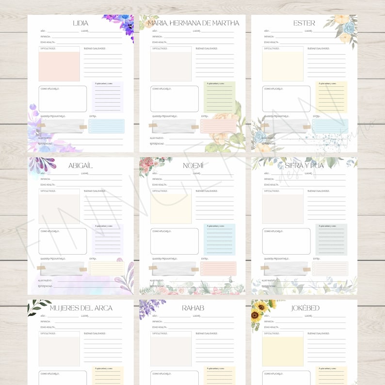 May include: Printable worksheet with floral illustrations and text boxes for journaling about women in the Bible. The names of the women are listed at the top of each page: Lydia, Maria, Hermana de Martha, Ester, Abigail, Noemi, Sifra y Pua, Mujeres del Arca, Rahab, and Jokebed.