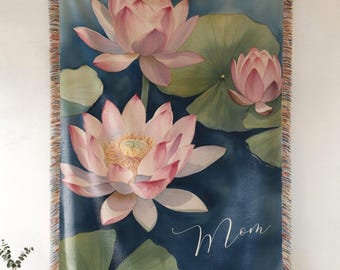 Lotus Throw Blanket Blue Floral Design Asian Inspired Home Decor Pink Lotus Lily Pad Decorative Couch Gift Mom Celebration Present Idea