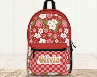 Strawberry School Backpack Cute Kindergarten Bag Girl Student Bookbag Retro Gingham Tote Design Fruit Carrier Durable Polyester Rucksack Red