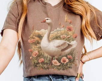 Vintage Goose Tshirt for Woman Spring Clothing Comfort Colors Cottagecore Shirt Floral Top Mom Gift Idea Tee Design Countryside Bird Garden