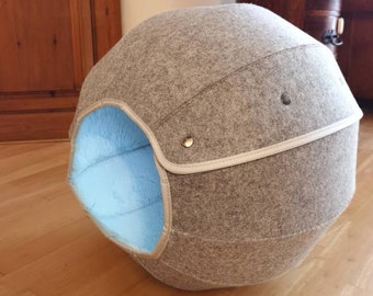 Rolled up tube Cat house felt & faux fur cat cave cat bed cat toy, grey and blue