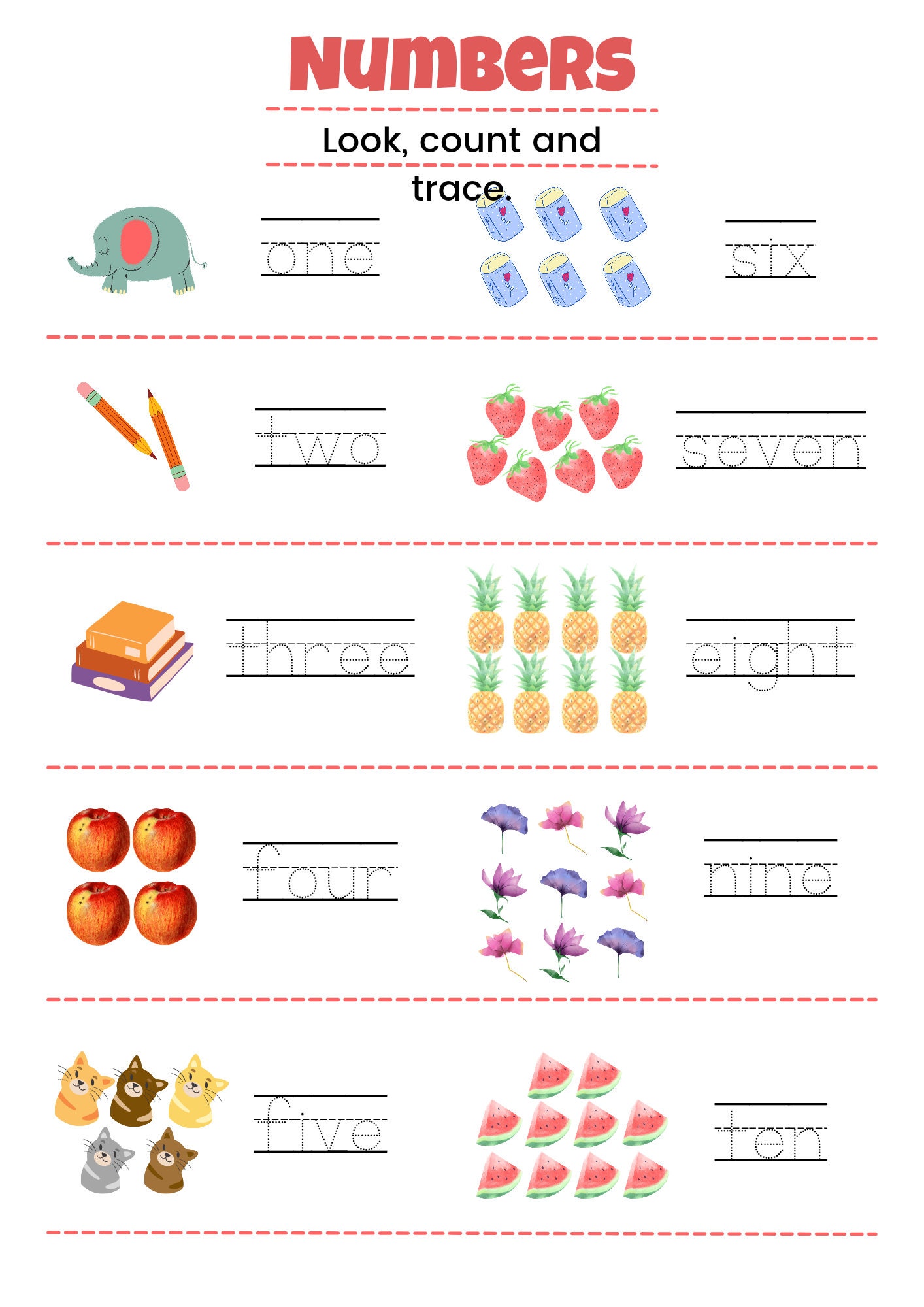 Number Learning Worksheet. Look Count Trace - Etsy