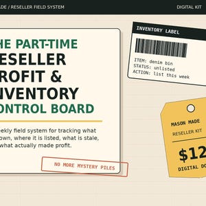 Könnte beinhalten: Ein digitales Kit für ein Reseller-Profit- und Inventarkontrollboard. Die Grafik zeigt eine große weiße Karte mit grünem und schwarzem Text, ein Inventaretikett mit Barcode und ein gelbes Etikett mit dem Text $12 digital download.