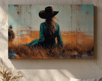Western Cowgirl Canvas Wall Art, Rustic Ranch Woman Landscape Desert Decor
