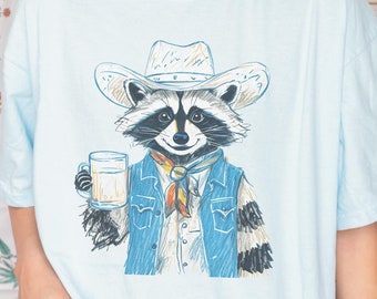 Retro Cowboy Raccoon Graphic Tee - Funny Western Oversized Shirt