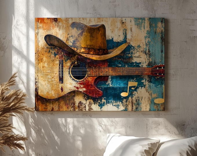 Western Guitar Art Print: Cowboy Hat Canvas Wall Decor