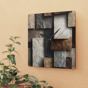 Neutral Stone Tile Pattern Acrylic Clock | Modern Geometric Wall Clock