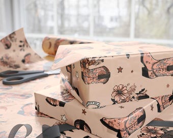 Cowgirl Chic Wrapping Paper | Western Floral Gift Wrap 30×36 30×72 30×180 | Pink Cowboy Boots Pattern | Matte or Glossy