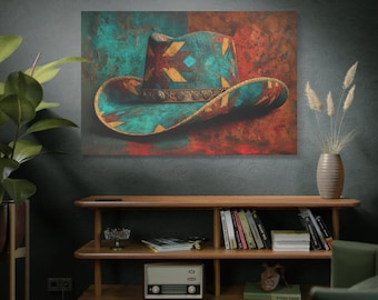 Southwestern Cowboy Hat Canvas Art | Turquoise Western Wall Decor | Rustic Boho Desert Ranch Art Print