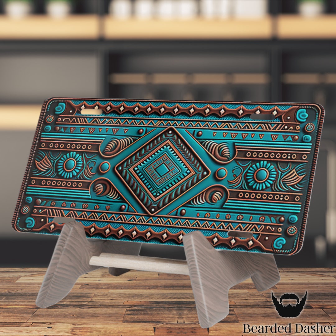 Aztec Turquoise Tooled Leather License Plate Aztec Design Etsy