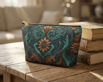 Western Floral Accessory Bag, Turquoise Tooled Leather Style Makeup Pouch
