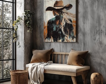 BOHO Turquoise Cowgirl Wall Art - Western Canvas, Blonde in Cowboy Hat, Rustic Farmhouse Gift