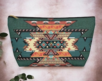 Aztec Leather Print Cosmetic Pouch: Tooled Art Travel Organizer
