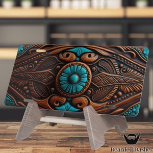 Aztec Turquoise Tooled Leather License Plate, Aztec Design, Western Cowgirl, Western Love, Cute License Plate, Vanity Plate