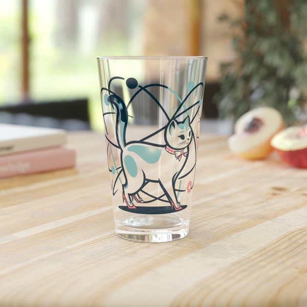 Atomic Retro Cat Pint Glass, 16oz Mid Century Cat Glassware, Cat Party Drinkware, Cocktail Glass