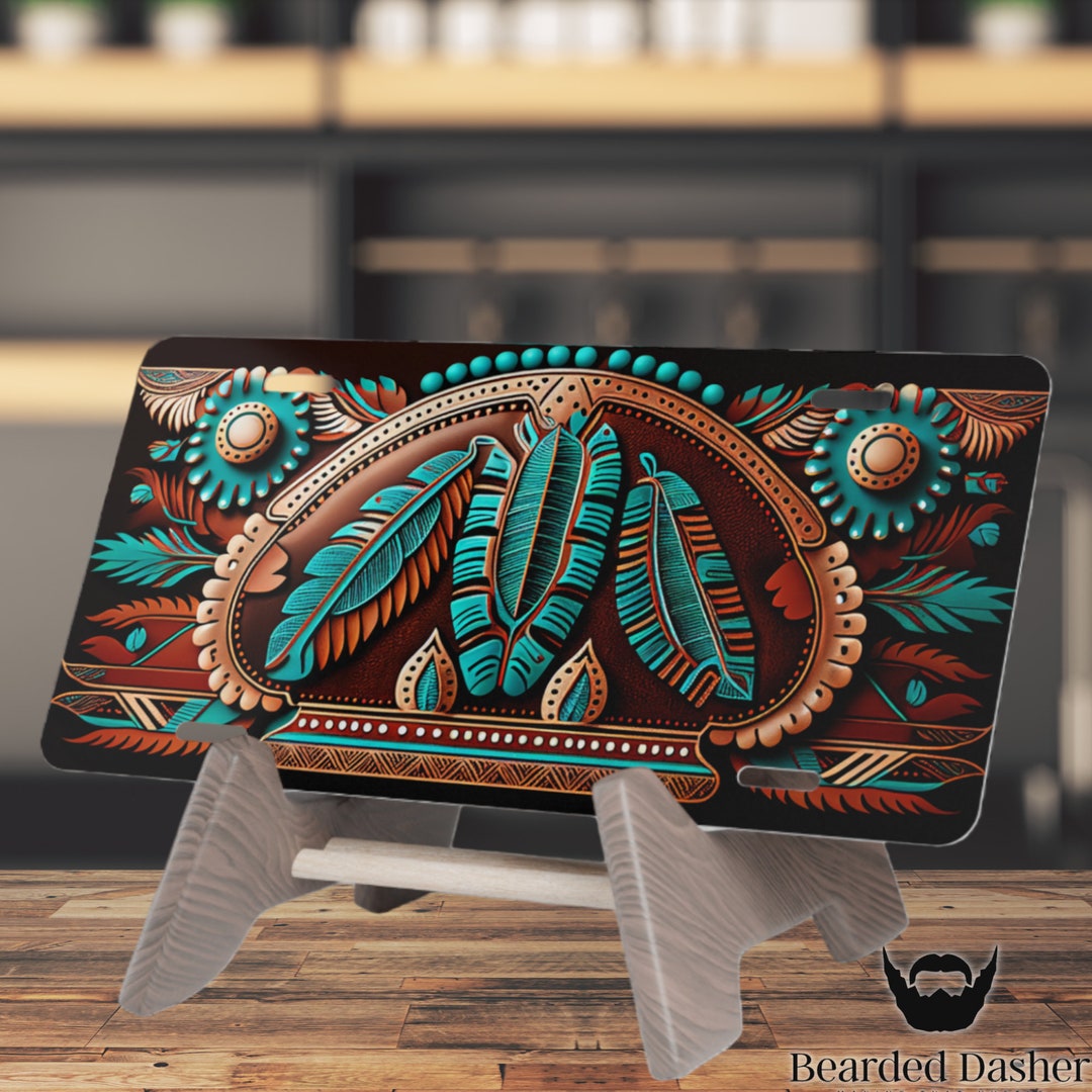 Aztec Turquoise Tooled Leather License Plate Aztec Design - Etsy