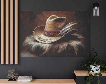 Boho Cowboy Hat Canvas Print: Native American Western Wall Art