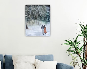 Romantic scenery painting, walking in snowy night, original oil paintings, willow tree painting