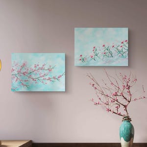 A set of two abstract floral paintings, spring wall art decor, blossoms floral design on canvas artwork, original oil painting