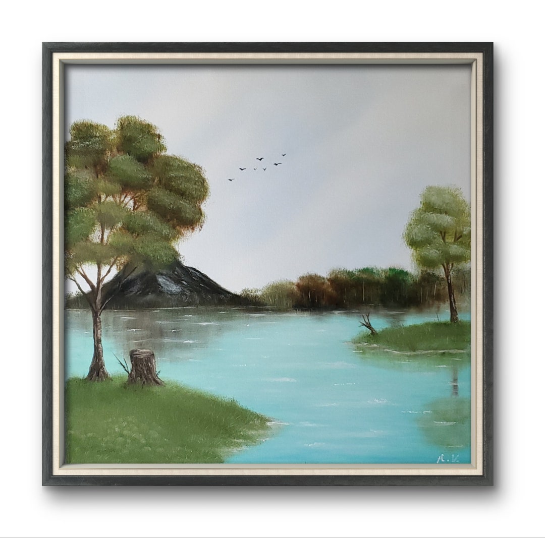 Mountain Lake Oil Painting: Original Waterscape Wall Art (20x20 Inches ...