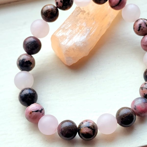 Bracelet d’amour et de compassion - 8 mm pierre précieuse quartz rose et rhodonite - Bijoux spirituels en pierres précieuses - cadeau