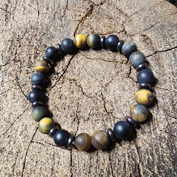 Bracelet oeil de tigre mat, onyx noir et hématite 8mm - Bijoux spirituels en pierres précieuses - Cadeau pour elle et lui