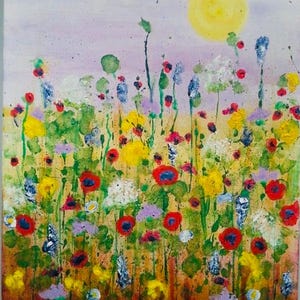 May include: A colorful abstract painting of a field of flowers with a bright yellow sun in the upper right corner. The flowers are painted in shades of red, yellow, green, blue, and purple.