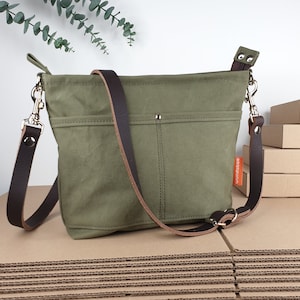 Canvas shoulder bag women girl, olive green, simple design, 12 x 9 x 2 inches, 15 oz light weight!