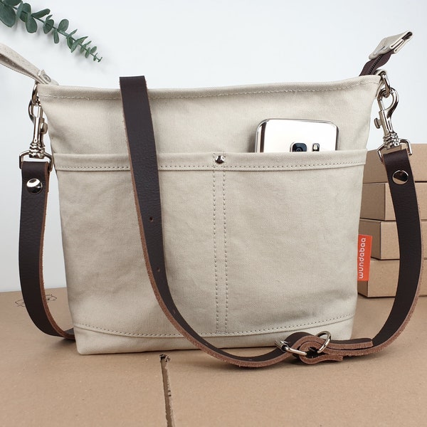 Crossbody bag canvas for girls/women, grey beige, small shoulder bag, brown leather strap, simple design, 12 x 9 x 2", 15 oz light weight!