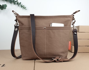 Heavy Washed Canvas Umhängetasche braun Damen, kleine Schultertasche, Ledergurt, schlichtes Design, 425 Gramm leicht, 30 x 22 x 6 cm!