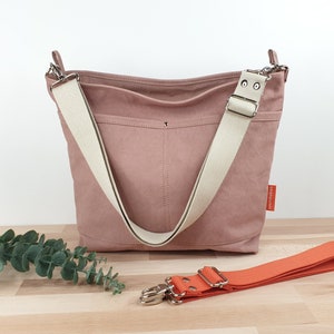 Umhängetasche M, Schultertasche Canvas Damen, altrosa, leichte praktische Handtasche mit Crossbody Gurt in beige!