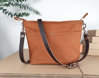 Crossbody bag canvas for girls/women, cognac brown, small shoulder bag, leather strap, simple design, 12 x 9 x 2 inches, 15 oz light weight!