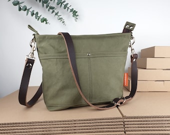 Sac bandoulière en toile pour femme, vert olive, design simple, 425 grammes, 30 x 22 x 6 cm