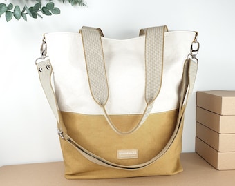 Large tote bag made of sturdy canvas for women and girls, robust canvas fabric, cream/mustard yellow, adjustable shoulder strap!