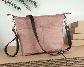 Canvas shoulder bag women girl, pale pink, simple design, 12 x 9 x 2 inches, 15 oz light weight!