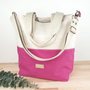 Große Tragetasche, heavy washed Canvas für Damen Mädchen, robuster Segeltuchstoff, creme/pink, geeignet für DIN A 4 Größe, mit Schultergurt!