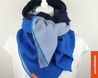 Three-tone scarf for the summer in blue, 51"x51", muslin