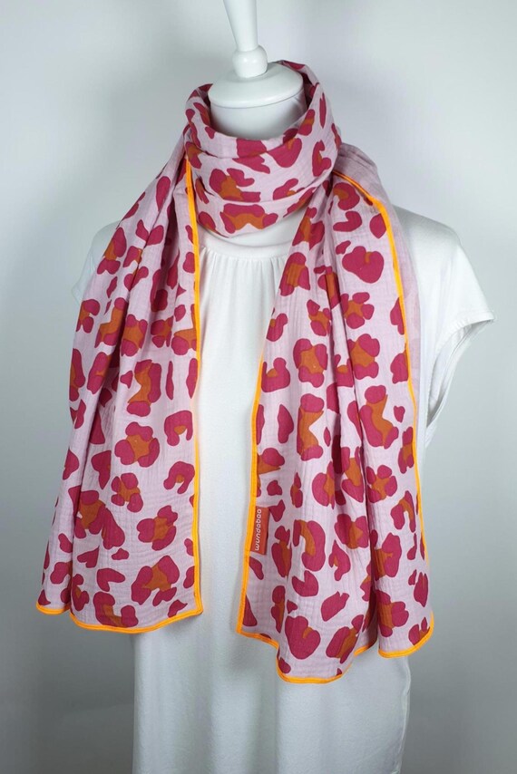 Muslin Scarf Women Leopard Print Pink With Neon Orange Hem, 51