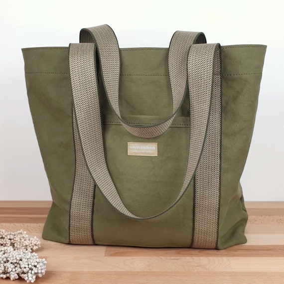 Shopping Bag XL Heavy Washed Canvas, Women Girls, Olive Green