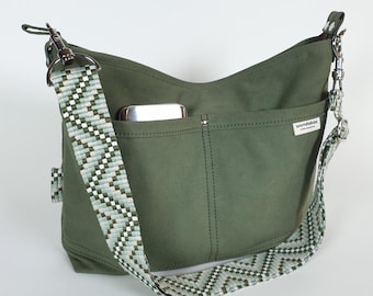 Crossbody bag, solid heavy washed canvas women, olive green, shoulder bag, cotton polyester strap, 12.6" x 9.4" x 3.5", 15 oz light weight!