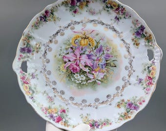 Antique Carl Tielsch German Porcelain Double Handled Serving Dish with Orchid Bouquet
