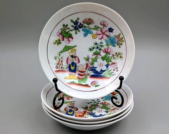 Set of 4 Antique "Boy Picking Fruit" Porcelain Bowls - Attributed to Hilditch & Sons