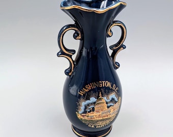 Vintage Cobalt Blue Washington D.C. Souvenir Vase | U.S. Capitol Building Graphic