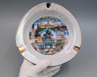 Vintage Montreal Canada Retro Souvenir Ashtray – Mid-Century Iridescent Lustreware