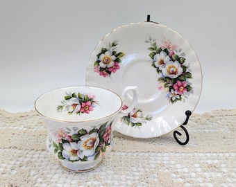 Vintage Royal Albert Bone China Tea Cup & Saucer: Woodborough Floral, Gold Trim