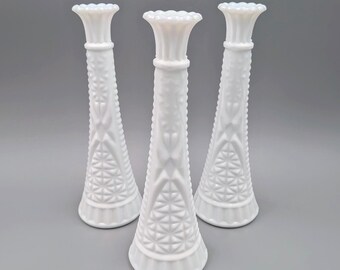 Set of 3 Midcentury Milk Glass Bud Vases – Anchor Hocking 9" Stars & Bars